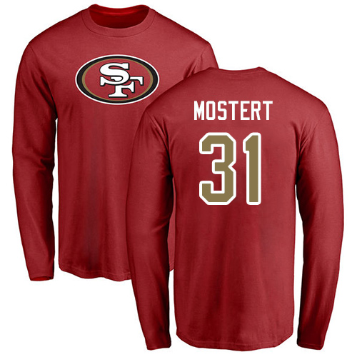 Men San Francisco 49ers Red Raheem Mostert Name and Number Logo #31 Long Sleeve NFL T Shirt